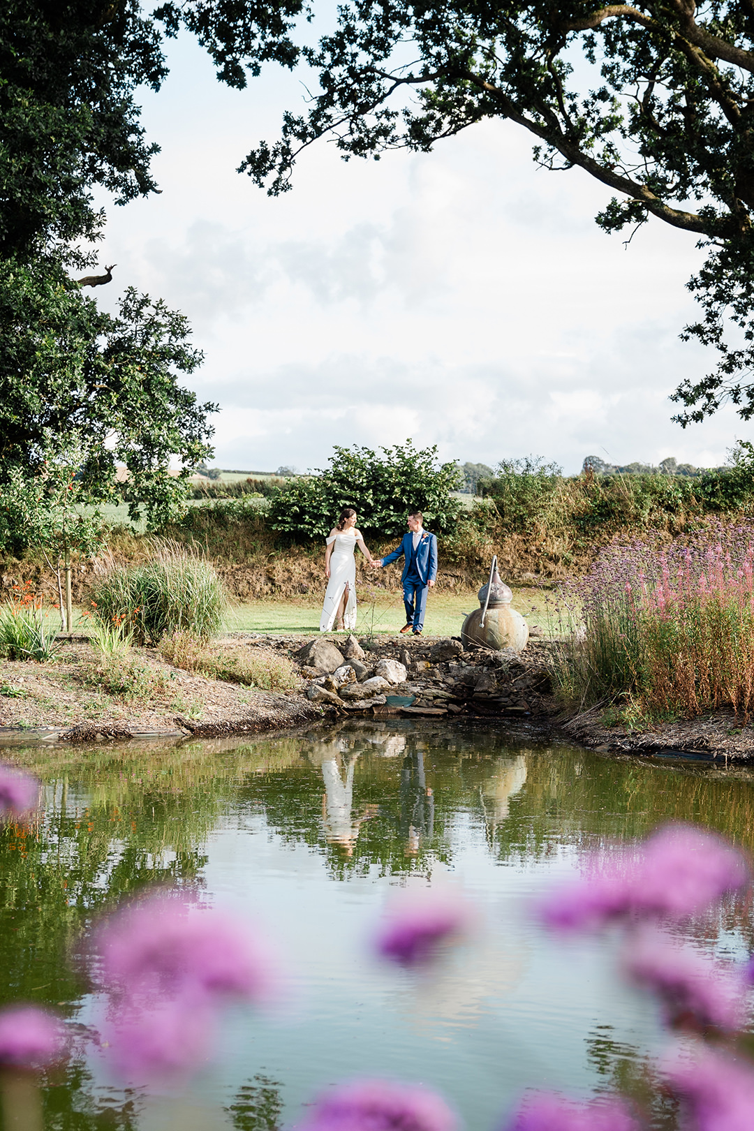 Cornwall Wedding Photographer Bride Groom Lake Flowers Sunshine