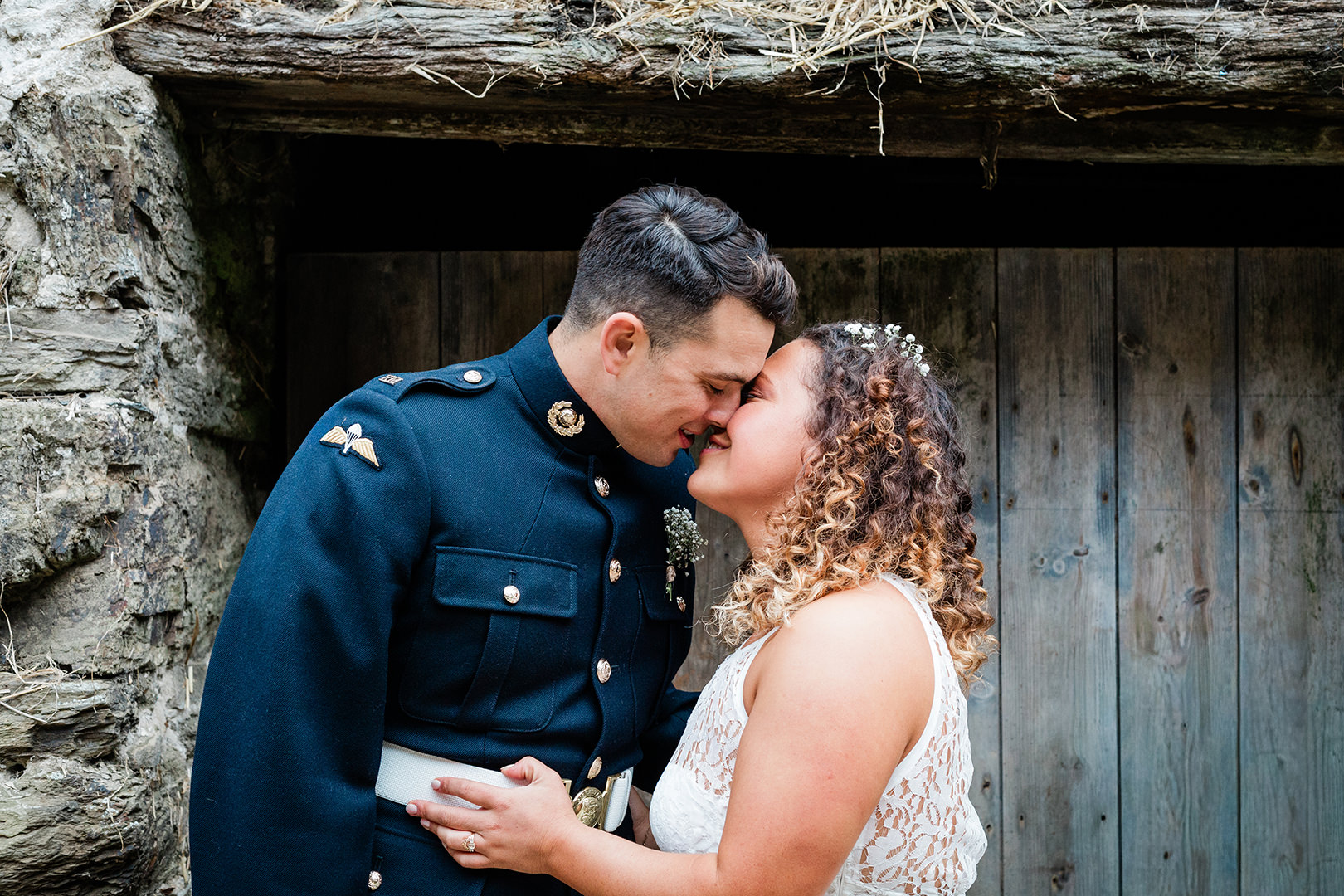 Devon Wedding Photographer Rustic Barn Bride Groom Kiss